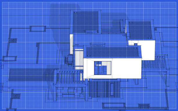 3d rendering sketch of modern cozy house in garden with garage for sale or rent. Graphics black line sketch with white spot on blueprint background.