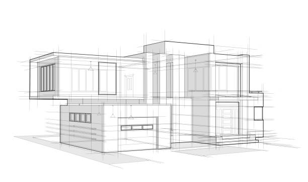 Two-storey house with a garage architectural sketch on a white background