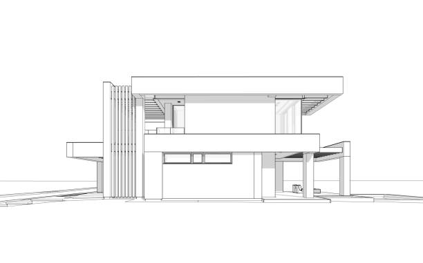 3d rendering of modern cozy house with pool and parking for sale or rent in luxurious style. Black line sketch with soft light shadows on white background